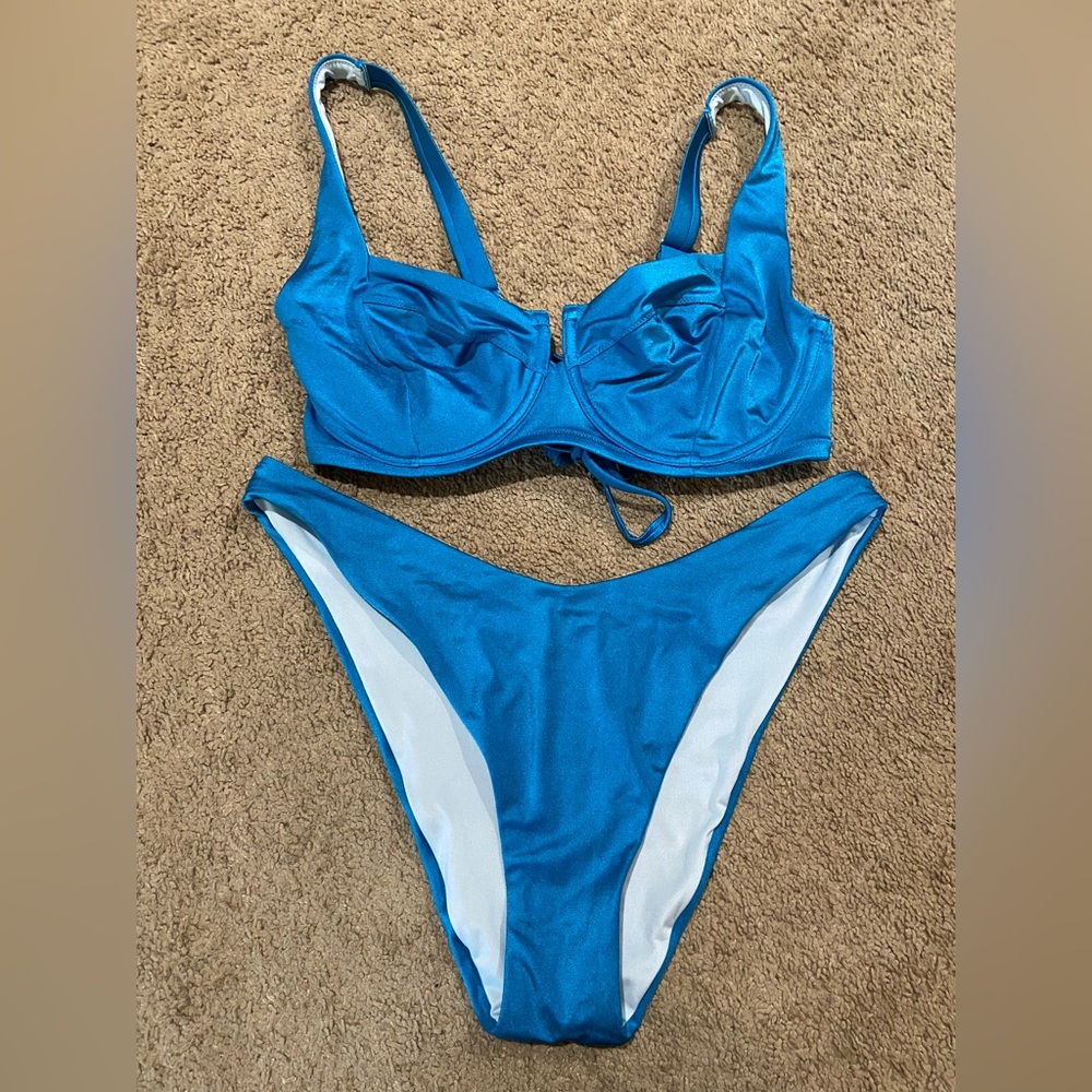 Victorias Secret Blue Underwire 36DD Push Up Wide Strap Bikini Top & XL Bottom